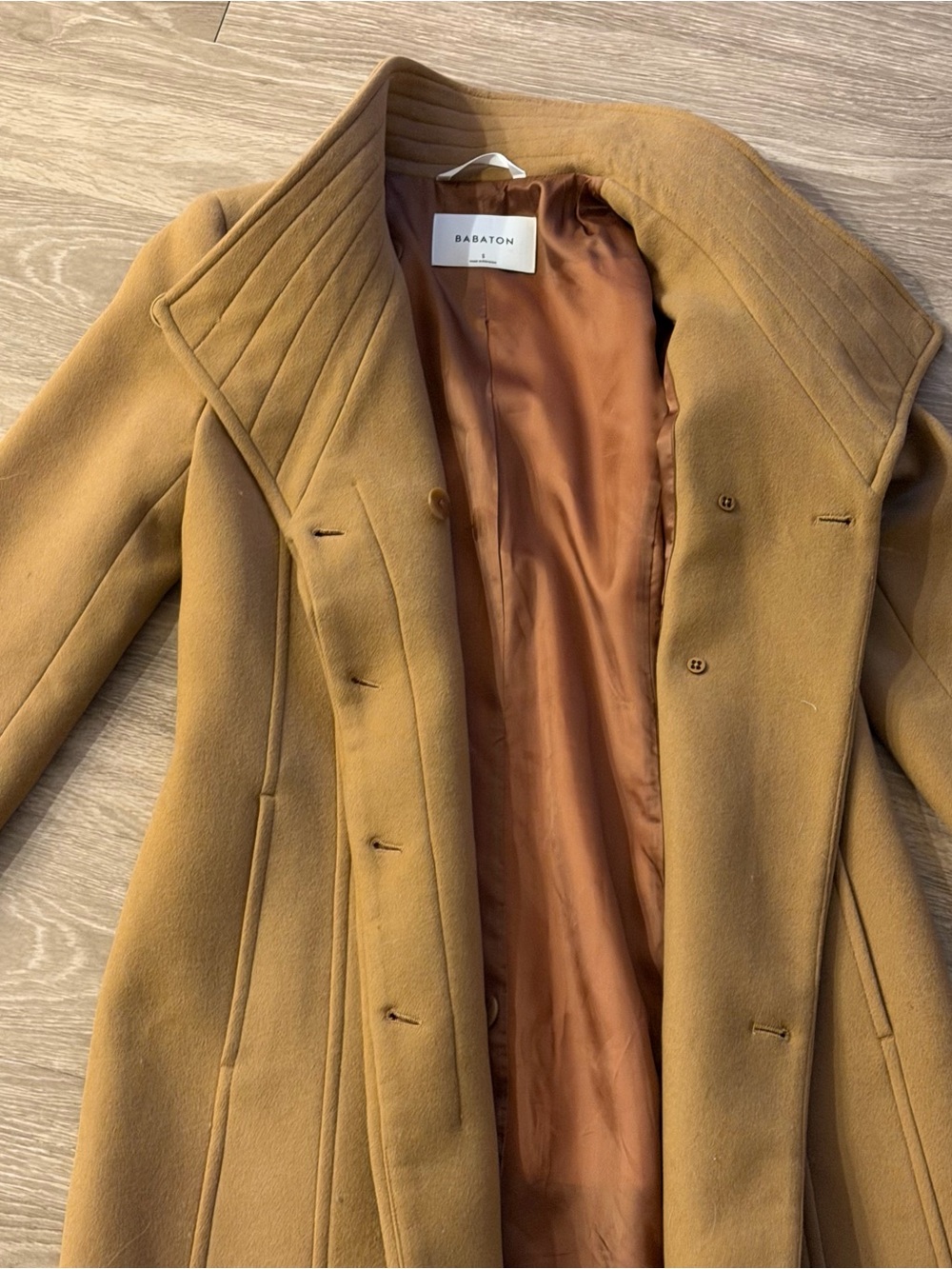 ⁠Aritzia Babaton Cristobal Virgin Wool Belted Coat Camel Shawl Collar Small S⁠ - Picture 3 of 7